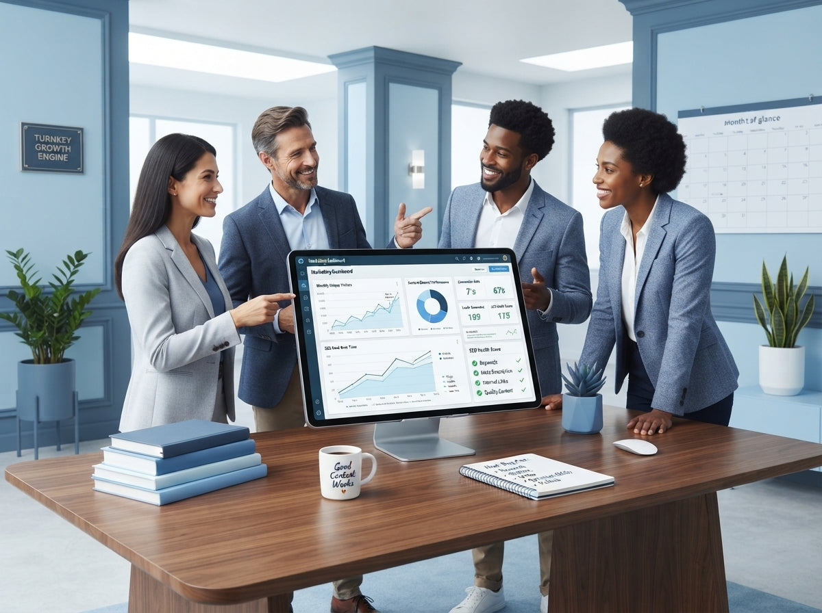 Diverse entrepreneurs collaborating in a bright modern office with a digital marketing dashboard on a tablet.