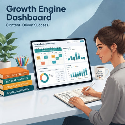 A digital tablet showing a content marketing dashboard on a clean desk with slate blue and sky blue office accessories.