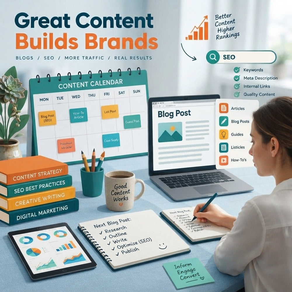 A professional content marketing package folder and a tablet showing data analytics on a clean blue and white desk surface.