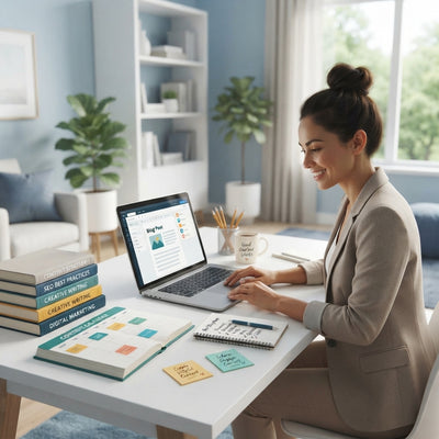 A diverse entrepreneur working confidently at a clean, modern desk with laptop and documents in a serene, professional office