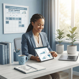 A diverse business owner looking at a tablet in a bright, modern office with blue and white decor, representing growth and su